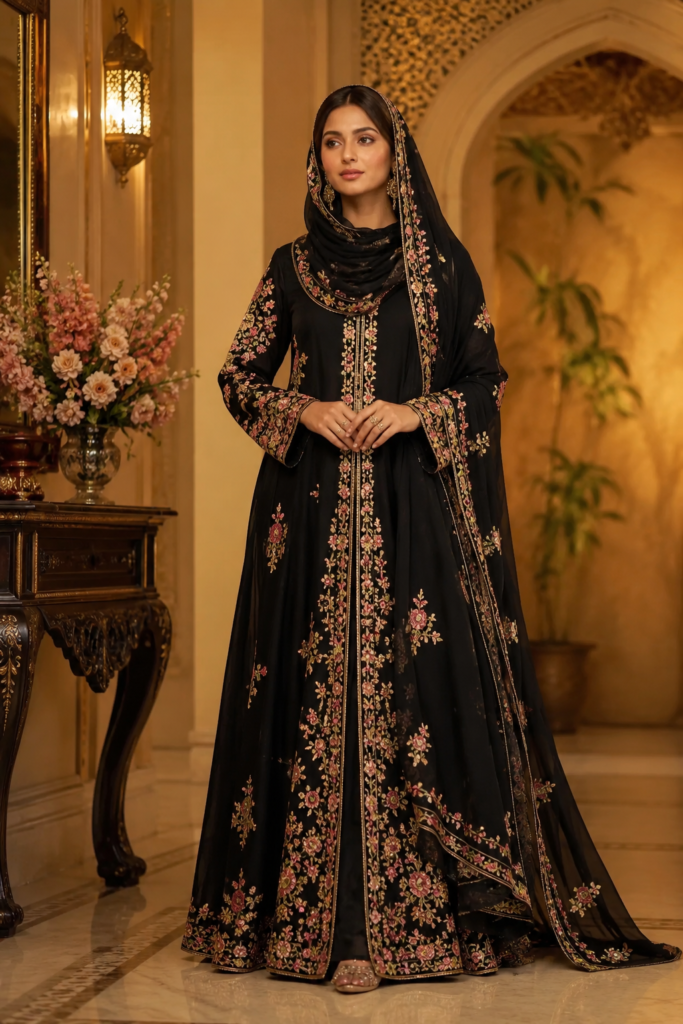 Pakistani salwar kameez styles — mint green, crimson red and blush pink embroidered 3-piece suits with dupattas by Shanzayb
