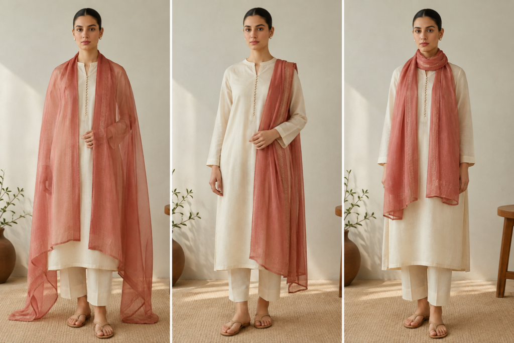 Three dupatta draping styles demonstrated for a styling guide