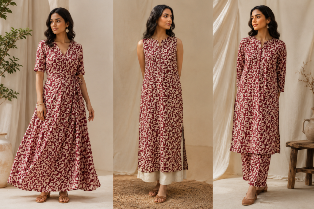 Geometric block-print set shown in three styles: wrap maxi dress, sleeveless tunic, and kurta with trousers