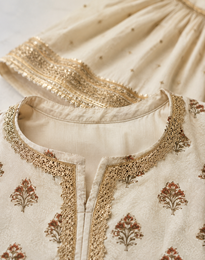 Gold lace trim detail on an ivory block-printed kurta neckline