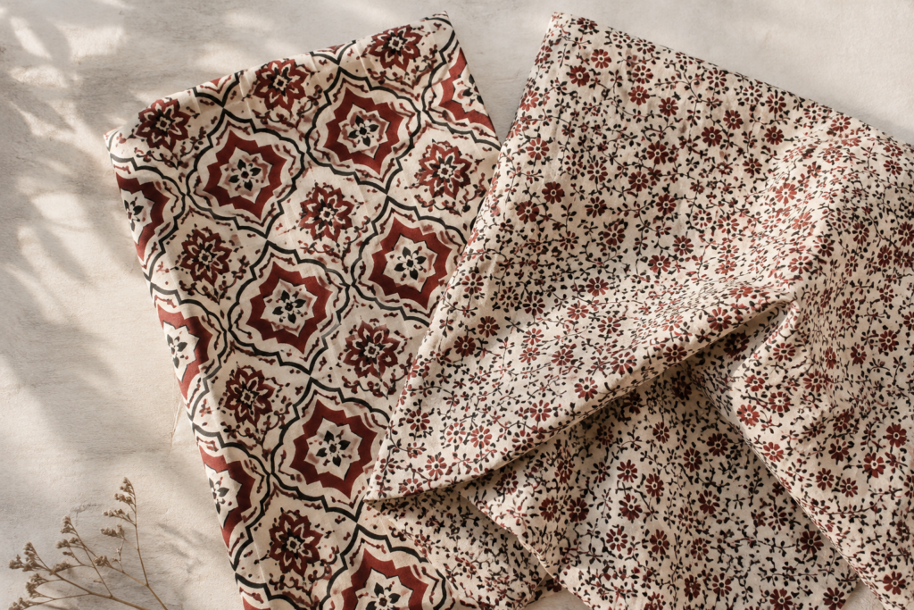 Two coordinated block-print patterns in the same color palette, demonstrating how to mix prints