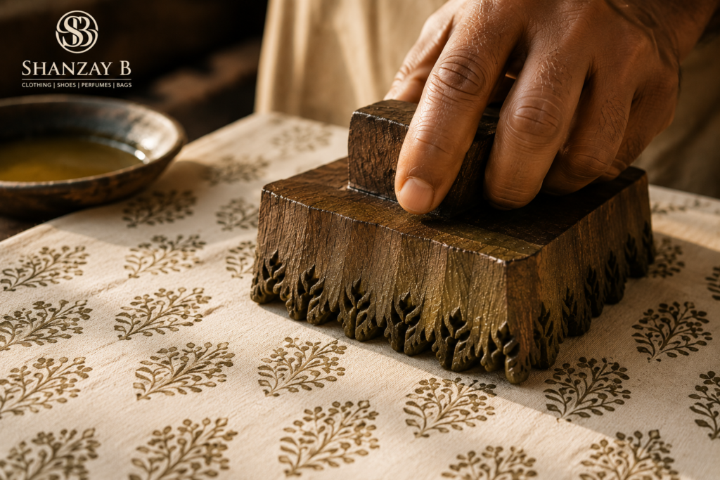 Hand-carved wooden block being pressed onto fabric during the block printing process