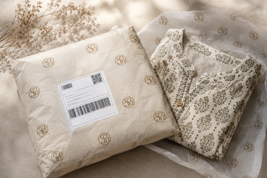 Shipping package with tracking label, styled for an international ordering guide