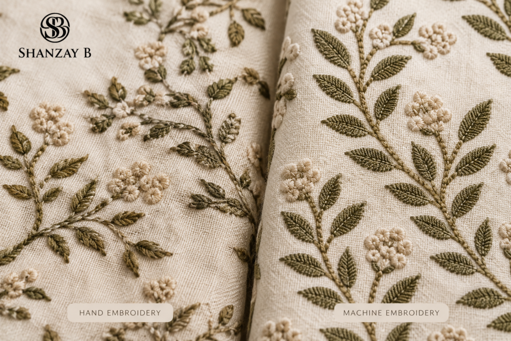 lose-up comparison of hand-stitched versus machine embroidery thread work