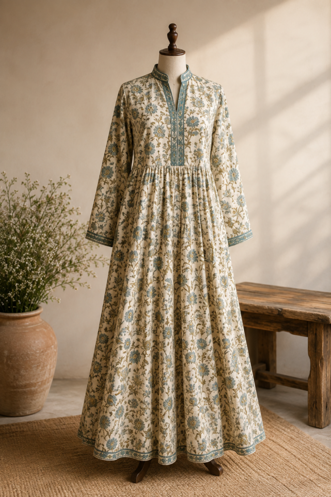 Ivory floral block-print gown with teal embroidered collar, styled for a gown styling guide