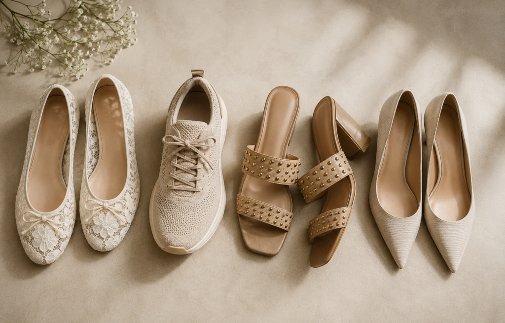 A capsule shoe wardrobe — flat, sneaker, mule, and heel styles from Shanzay B