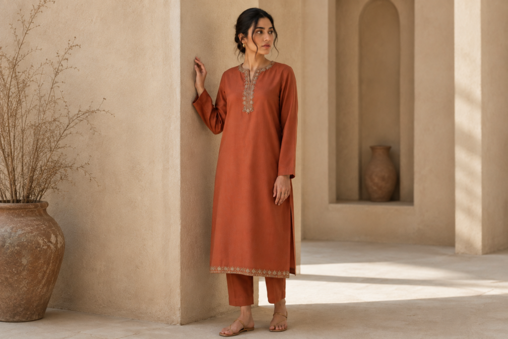 Long straight kurta with border embroidery, part of the comfort-with-structure 2026 Pakistani fashion trend