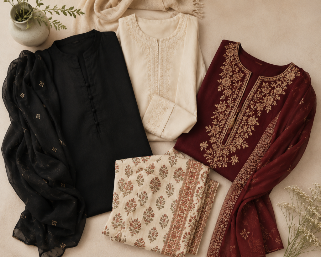 Four-piece going-out capsule wardrobe in black, ivory, maroon, and block print from Shanzay B