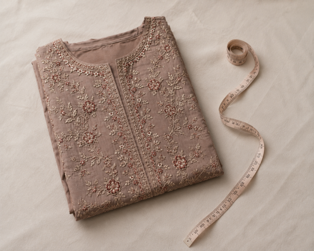 Measuring tape and folded kurta styled for a Pakistani clothing sizing guide