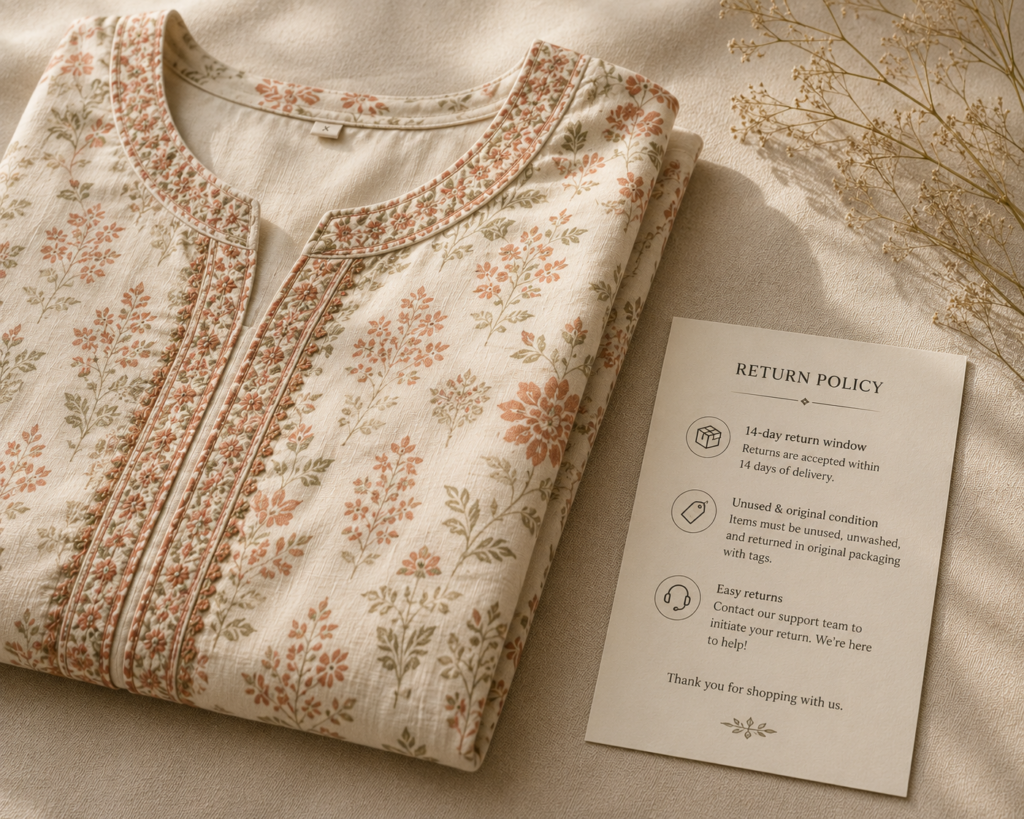 Folded garment with a return policy tag illustrating what a fair policy includes