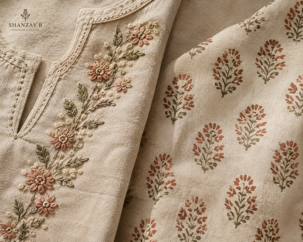 Close-up of natural hand embroidery and block print variation