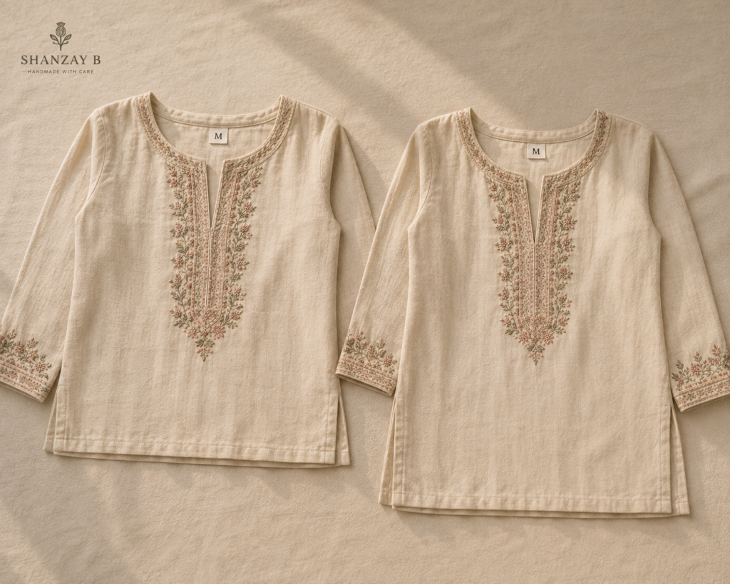 Two garments of the same labeled size showing proportion differences