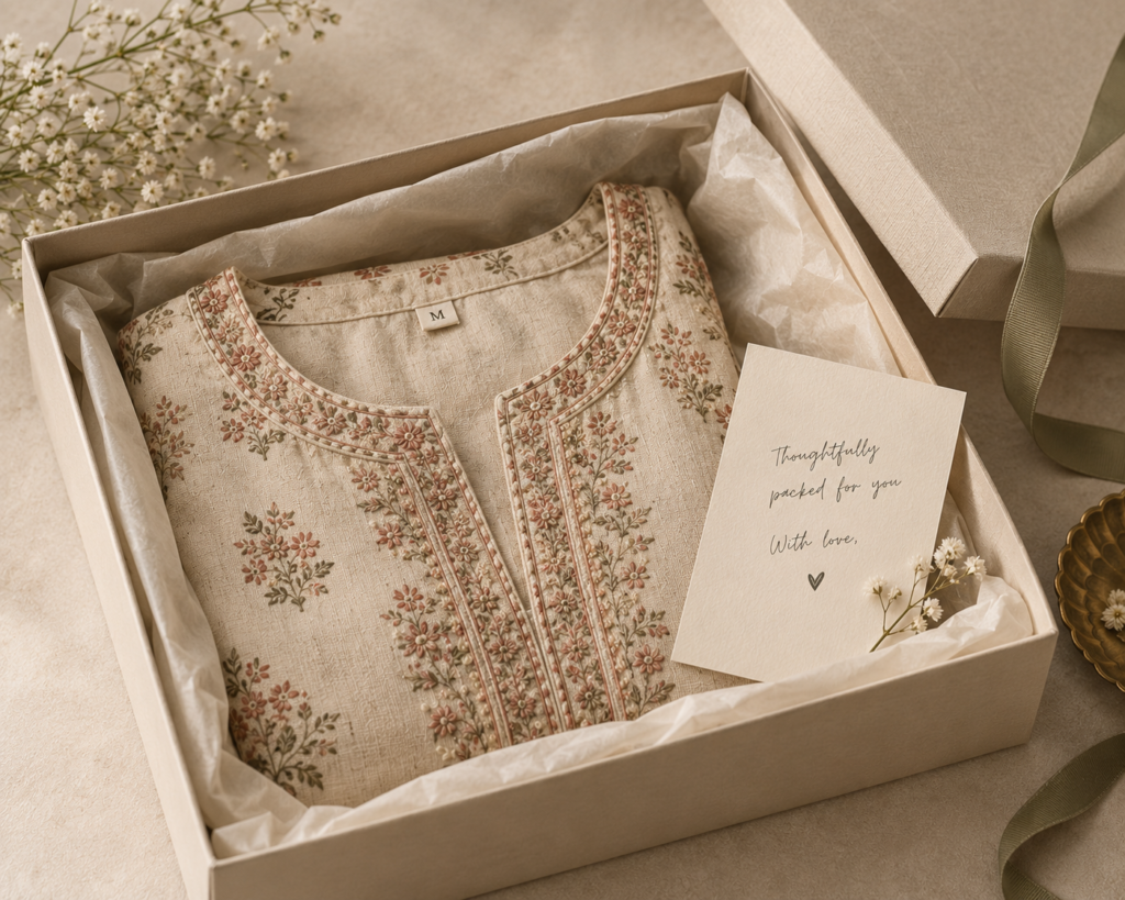 Gift box with tissue paper and a handwritten note beside a folded garment