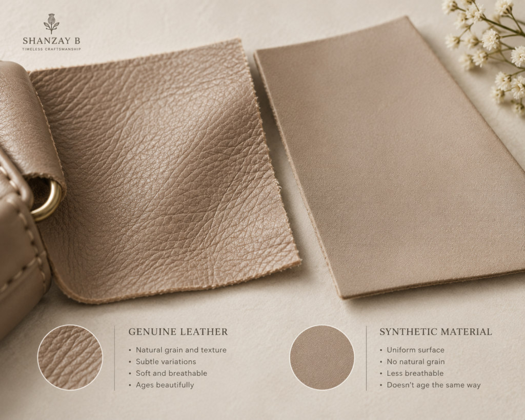Close-up comparison of genuine leather grain versus synthetic material texture