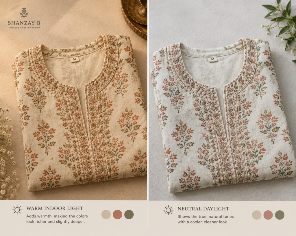 Same garment shown under warm indoor light versus daylight, illustrating color shift