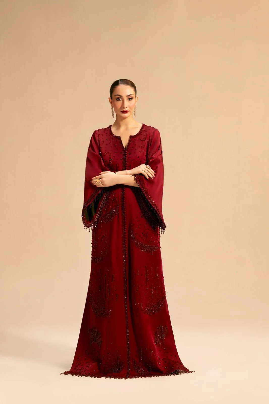 Luxury red embellished kaftan abaya maxi dress