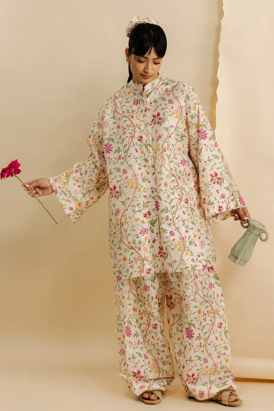 ZAHA floral printed co ord set for women with matching wide leg trousers