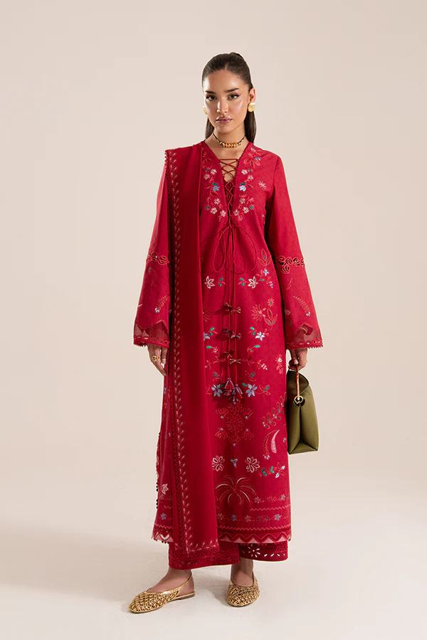 Suffuse crimson red embroidered 3 piece suit for women