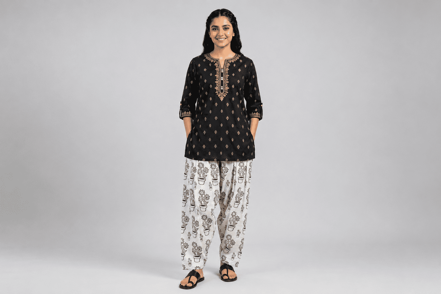 Midnight Noir Embroidered Black Kurta with Printed Trousers for Women