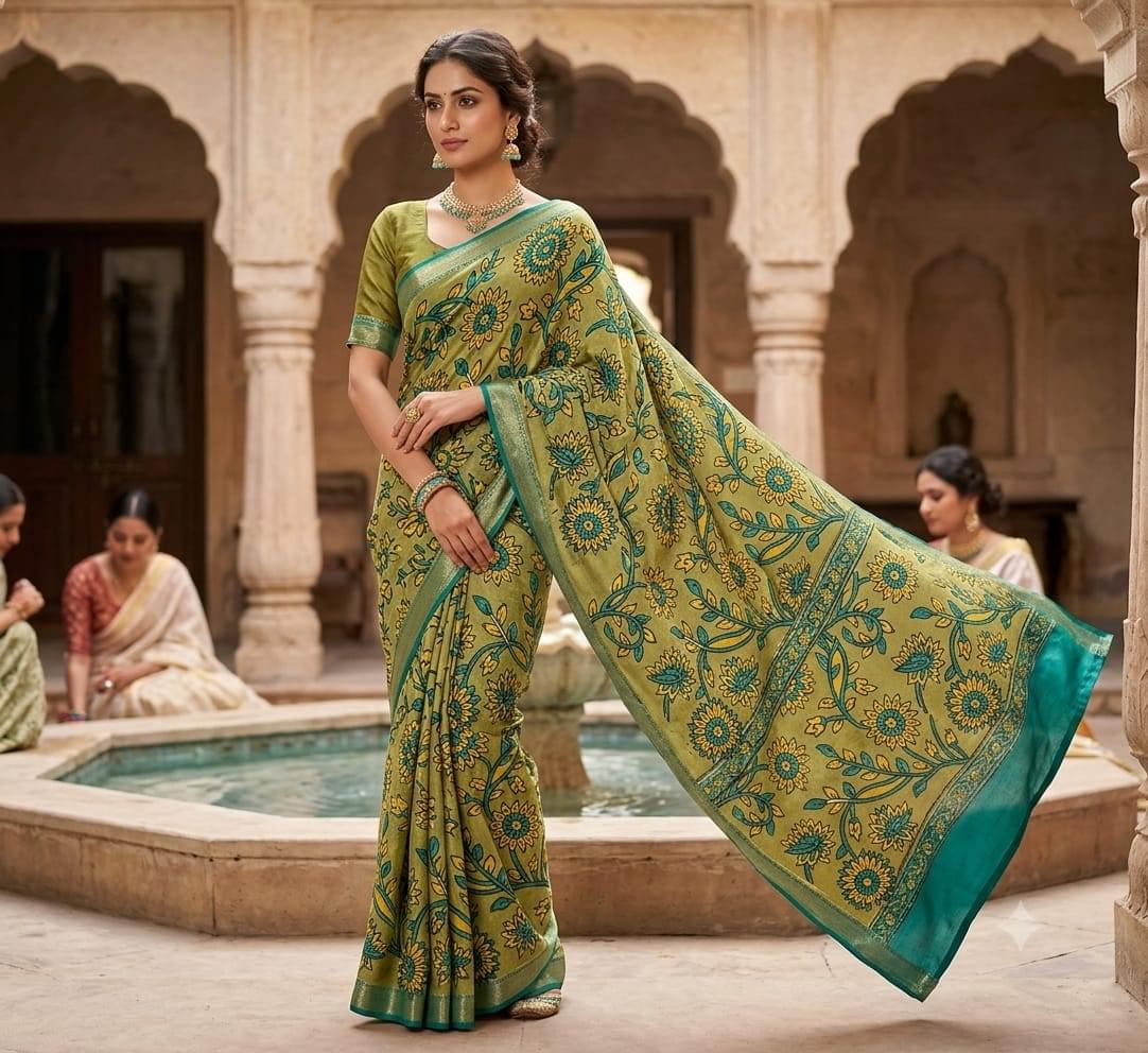 Olive Floral Block-Print Saree with Teal Border