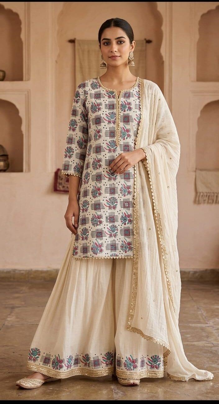 Ivory Block-Print Sharara Suit with Gold Lace Trim