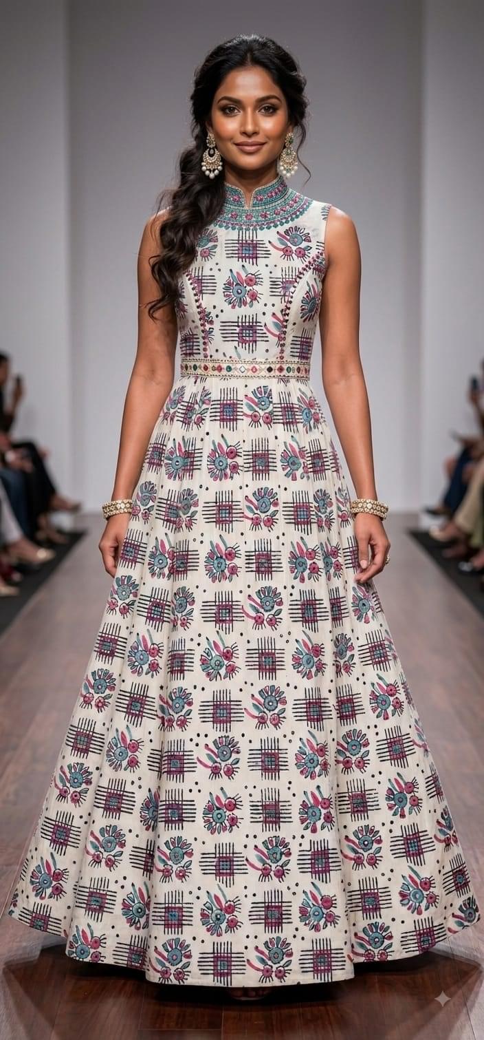 Ivory Floral Block-Print Gown with Teal Embroidered Collar